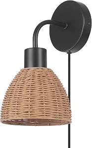 Globe Electric 65933 1-Light Plug-in or Hardwire Wall Sconce, Matte Black, Rattan Shade, 6ft Black Braided Fabric Designer Cord, in-Line On/Off Rocker Switch