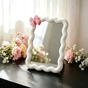 Wave Desk Makeup Mirror with Adhesive Bow,Office Mirror 6.7x5.3In(White)