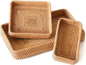 Rattan Serving Tray,Rectangle Wicker Storage Basket Set of 3 for Organizing