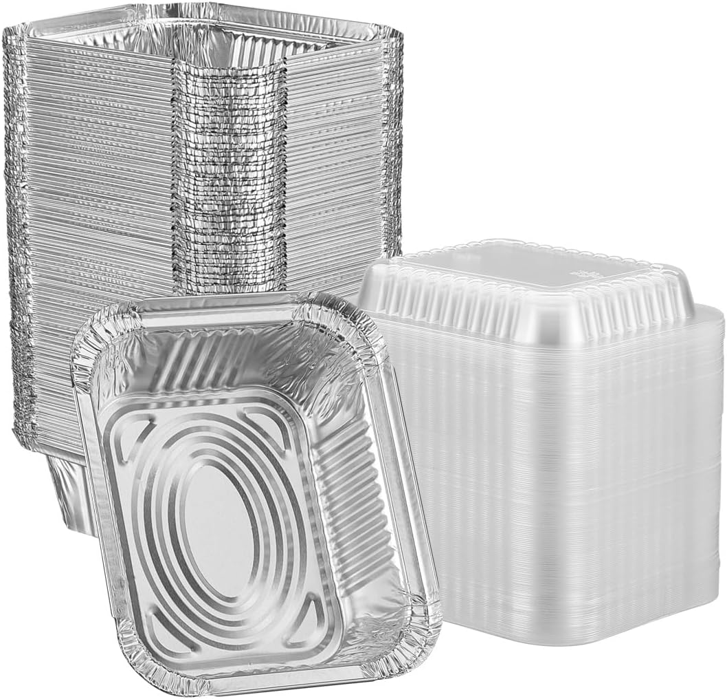 GUSTO 1 lb Disposable Aluminum Foil Takeout Pans with Clear Dome Lids, 5" x 4" - [100 Count] Great for Baking, Cooking, Storage, and Freezing (Formerly Comfy Package)