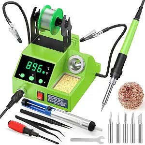 Soldering Station, 100W Digital Display Soldering Iron Station Kit with 2 Helping Hands, 356F - 896F, Auto Sleep, C/F Conversion, Solder Wire, Tips, Stand, Pump, Tweezers, Tip Cleaner, Green