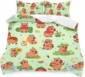 AILONEN Kawaii Capybara Duvet Cover Set Full Size, Boys Girls Cartoon Cute Capybara Bedding Set for Kids Teens,Grass Green Comforter Cover Set,1 Quilt Cover + 2 Pillowcases,3 Piece
