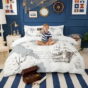 Nautical Duvet Cover Set Twin Size,Retro Compass Sailing Boat Comforter Cover Ocean Adventure Bedding Set 2pcs for Kids Boys Teens Bedroom Decor,Graffiti Brown White Blue Quilt Cover,1 Pillowcase