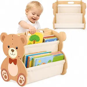 Bear Double-Sided Bookshelf with 4 Tier Deep Sleeves Wood Books Organizer Bear Wooden Montessori Book Rack Book Shelf Books Display Shelves for Daycare Nursery Room Playroom Classroom Bedroom