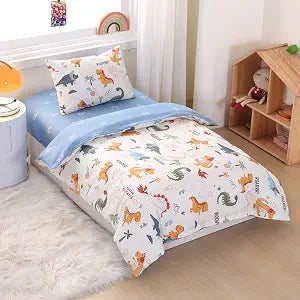 Dinosaur Crib Bedding Set with Cute Animal Printed- 100% Cotton, 3 Pieces Nursery Bed Set Decor for Baby Girls and Boys - Fitted Sheet, Duvet Cover, Pillowcase