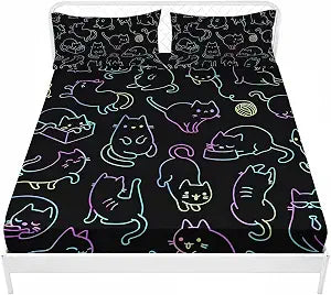 AILONEN Twin XL Size Cat Bed Sheet 3 Pieces Set, Cute Animals Bedding Set for Kids Boys Girls,Breathable Soft Gradient Line Cat Sheet Fitted Sheet and 2 Pillowcases