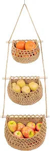 Cotton Hanging Fruit Basket,3 Tier Woven wall Basket, hanging Storage baskets for Kicthen and Bathroom, Macrame wall hanging, Boho Decor Over The Door Decor Organizer, White (Brown)