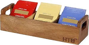 HTB Acacia Wood Small Tea Bag Box with 3 Compartments for Counter Drawer