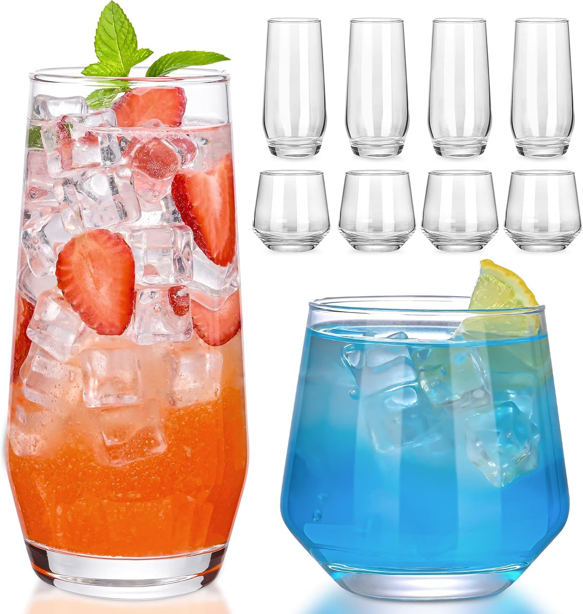 ZMOWIPDL Drinking Glasses Set of 8,Clear 13 oz & 18oz Crystal Glass Cups,Drinkware Glassware,Highball Water Tumbler,Short Stemless Wine Glassesï¼Œfor Beer,Cocktail,Whiskey,Juice and Various Mixed Drinks