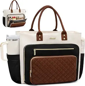 LOVEVOOK Teacher Tote Bag for Women Work, Laptop Bag With Large Cup Holder, Nurse Bags Professional Briefcase Business Computer Purses Bible Handbag Gifts, Black-Beige-Brown, 15.6 Inch