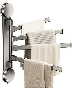 4 Arms Towel Rack with Suction Cup,No-Drill Easy Install Wall Mounted Bathroom Towel Rack,180  Rotation Space Saving Towel Bar for Bath Kitchen (Grey, 4 Pendulum Arms)