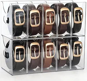 Belt Organizer - 2 Pack Clear Stackable Belt holder For Closet Drawer Storage - 5 Compartments with Removable Dividers, Multi-Purpose Display Bins With Inserts For Ties,Socks,underwear (2)