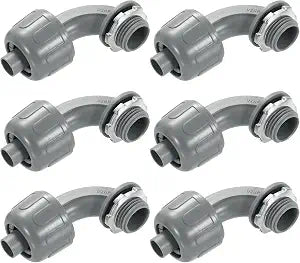 uxcell 6Pcs Nonmetallic Liquid Tight Connectors, 3/8" NPT Plastic Flexible 90 Degree Conduit Fitting for Conduit, Pipe Tube Connection and Leakproof, Gray