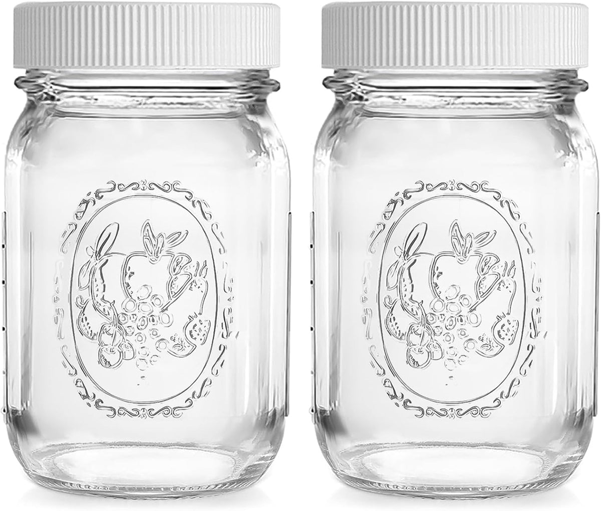 Regular Mouth Mason Jars 16 oz - (2 Pack) - Regular Mouth 16-Ounces Pint Mason Jars with White M.E.M Food Storage Plastic Lids - For Storage, Canning, Freezing, Leak Proof, Microwave & Diswasher Safe