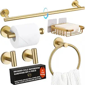 Brushed Gold Bathroom Hardware Set, 6 Piece Gold Bathroom Accessories Set, 24 Inch Towel Bar, SUS304 Stainless Steel, Towel Ring, Hooks, Toilet Paper Holder, Gold Towel Rack