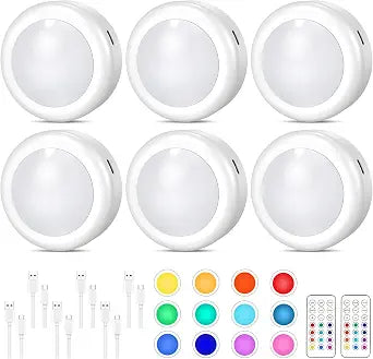 Cadrim Under Cabinet Lighting, Rechargeable Puck Lights with Remote Control, 13 Colors RGB LED Rechargeable Night Light, 1000mAh Battery Operated Wireless Push Light, Magnetic Stick-on Design (6pcs)