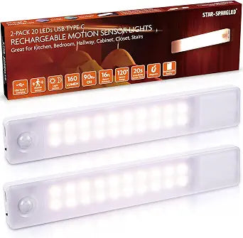 STAR-SPANGLED 8 Under Cabinet Lighting Rechargeable Magnetic, 2 Pack Warm