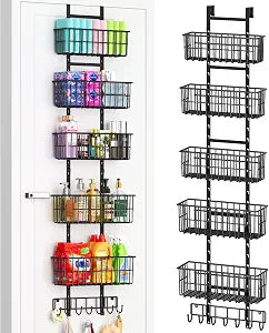 Hongtamoya Adjustable Over the Door Organizer, Metal Hanging Door Organizer with 5 Wire Basket 7 Hooks, Wall Mounted Shelf for Pantry Laundry Organization and Storage, Black