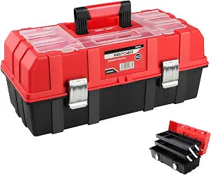 MAXPOWER 16-Inch Tool Box, Three-Layer Folding Plastic Storage Toolbox, Multi-Function Organizer with Tray and Dividers, Tools Box with Stainless Steel Lock