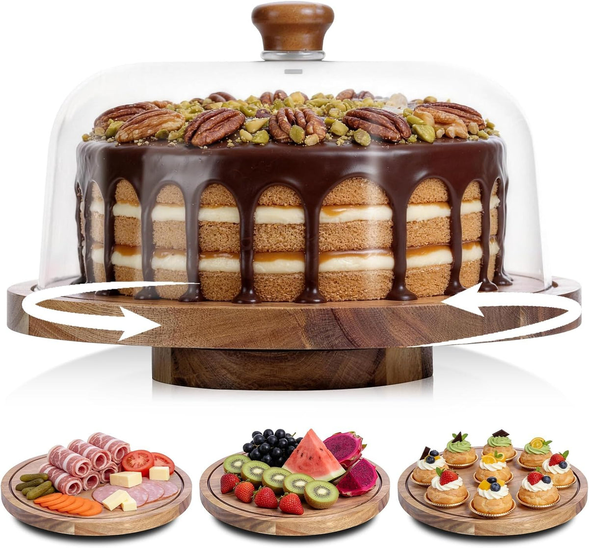 Rotating Cake Stand with Lid, 12in Wooden Cake Holder with Acrylic Dome, Flat Bottom Round Dessert Stand, Cake Display Stand for Baking, Wedding, Kitchen, Birthday, Parties(Not Glass Lid)