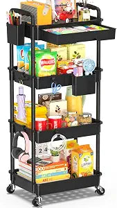 SUNALLY 4 Tier Rolling Cart with Drawer, Craft Storage Cart Organizer,Black