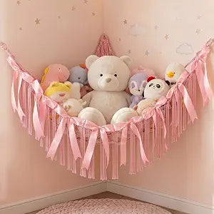 Basumee Stuffed Animals Storage Hammock with DIY Bows & LED Lights Hanging Toy Organizer for Stuffed Animals Large Corner Plushie Net for Kids Girls Room Decor Aesthetic Toy Hammock with Bowknots