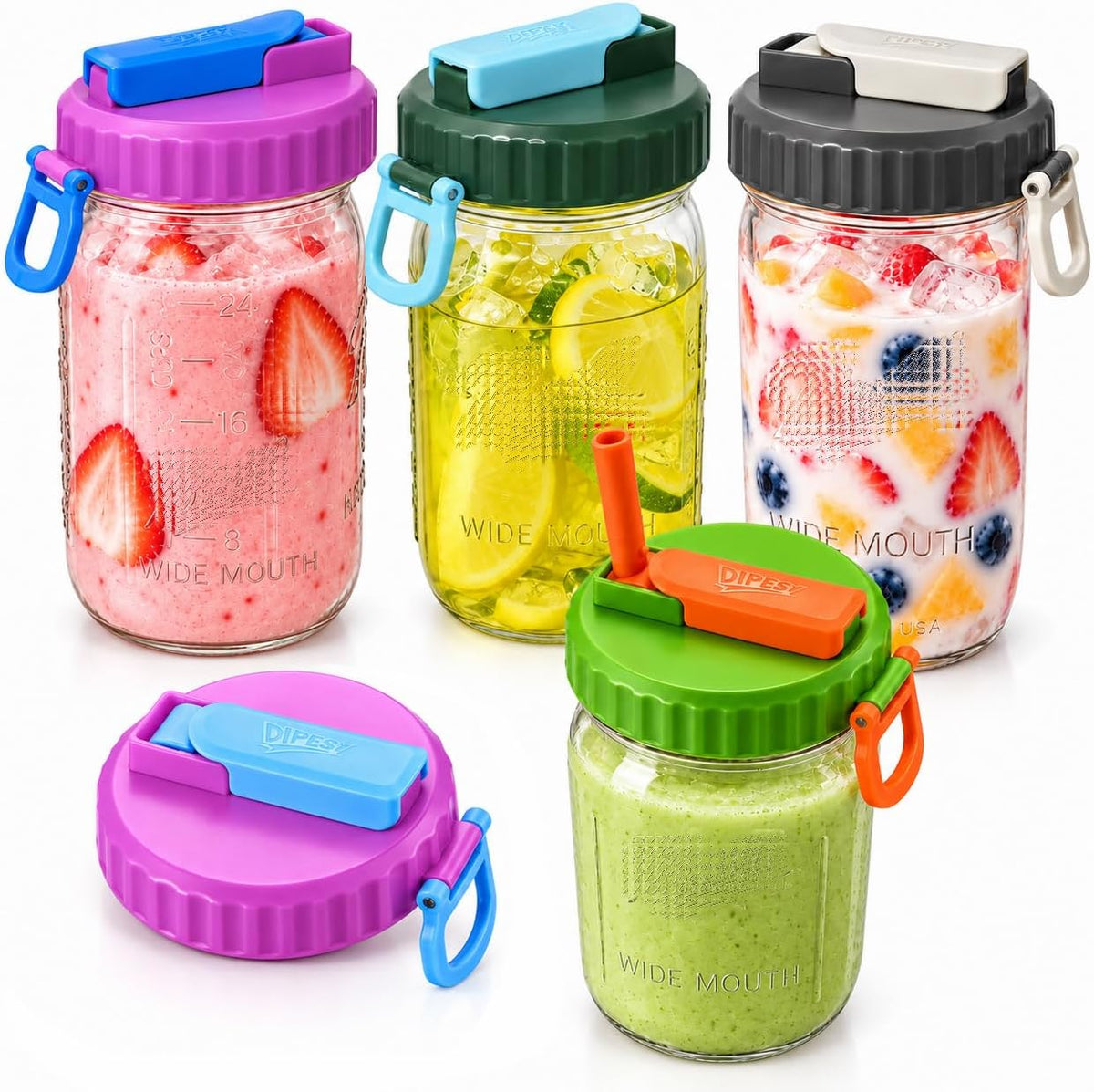 DIPESI Mason Jar Lids with Straws, Replacement Lids for Wide Mouth Jars