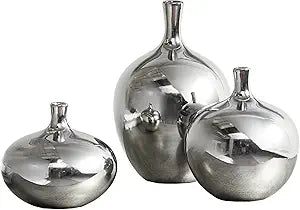 Madison Park Signature Ansen Ceramic Handmade Vase Set Home Dcor - Metallic Accent Living Room Decoration Ideal for Shelf, Side Table, Mantle Ornaments, Multi Size, Silver 3 Piece
