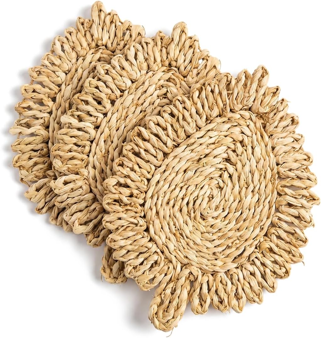 Boho Leaf Trivets for Hot Dishes - Corn Husk Woven Hot Pads 8 x 11 Inch, Rustic Farmhouse Kitchen Decor, Heat Resistant Mats, Natural Style Housewarming Gift Set of 3