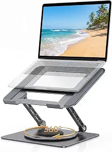 Aluminum Laptop Stand for Desk, Heavy Duty Computer Stand with 360 Rotating Base, Ergonomic Adjustable Height Notebook Riser, Compatible with MacBook Pro/Air, Dell, HP, 10-17 Laptops - Grey