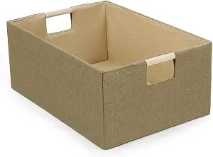Foldable Fabric Storage Basket for Shelves, Linen Decorative Storage Bin with Wooden Handles, Small Organizer Cube for Closet, Rectangle Canvas Box for Organizing, Decor, 15x10.6x6 Inches (Brown)