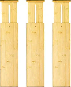VaeFae 3 Pack Bamboo Drawer Dividers, 4" High Adjustable 16.6" - 21.8" Clothes Drawer Organizers, Expandable Separators for Bedroom/Bathroom/Kitchen/Office Storage