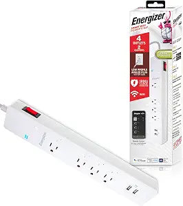 Energizer Smart Wi-Fi 4 Outlet 2 USB Power Strip, 1,200 Joules, Powers 4 Separate Items, Charge Compatible Devices, Compatible with Alexa/Siri/Google Assistant