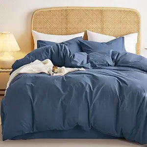 Wake In Cloud - Cotton Duvet Cover Set, 100% Washed Cotton, Linen Like Textured, Breathable Durable Comfy Farmhouse Neutral Bedding Set, 3 Pieces, Dark Blue, Queen Size