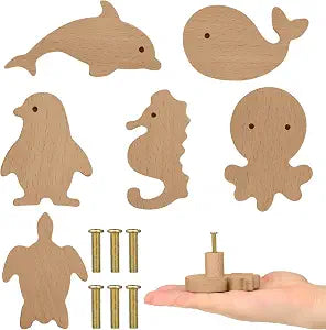 Qunclay 6 Sets Wooden Animal Dresser Knob Drawer Pull, Sea Animal