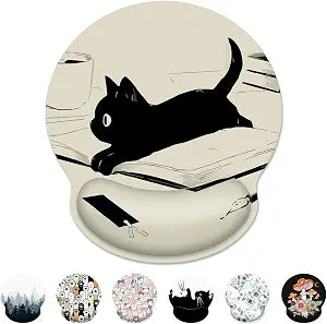Kawaii Anime Black Cat Ergonomic Mouse Pad with Wrist Rest for Desk Work