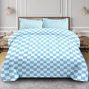 Comforter Set of 3, Twin, Blue Checkered Decor Bedroom