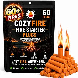 COZYFIRE Premium Waterproof Fire Plugs,100% Natural Fire Starter for Campfires | BBQ | Fire Pit | Fireplace & Emergency | Wood Stove | Charcoal Starter | 60+ Fires | Survival & Backpacking | 60 Count