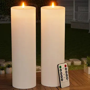 14" x 4" Large Outdoor Candle with Remote Timer Waterproof White 2 Pack
