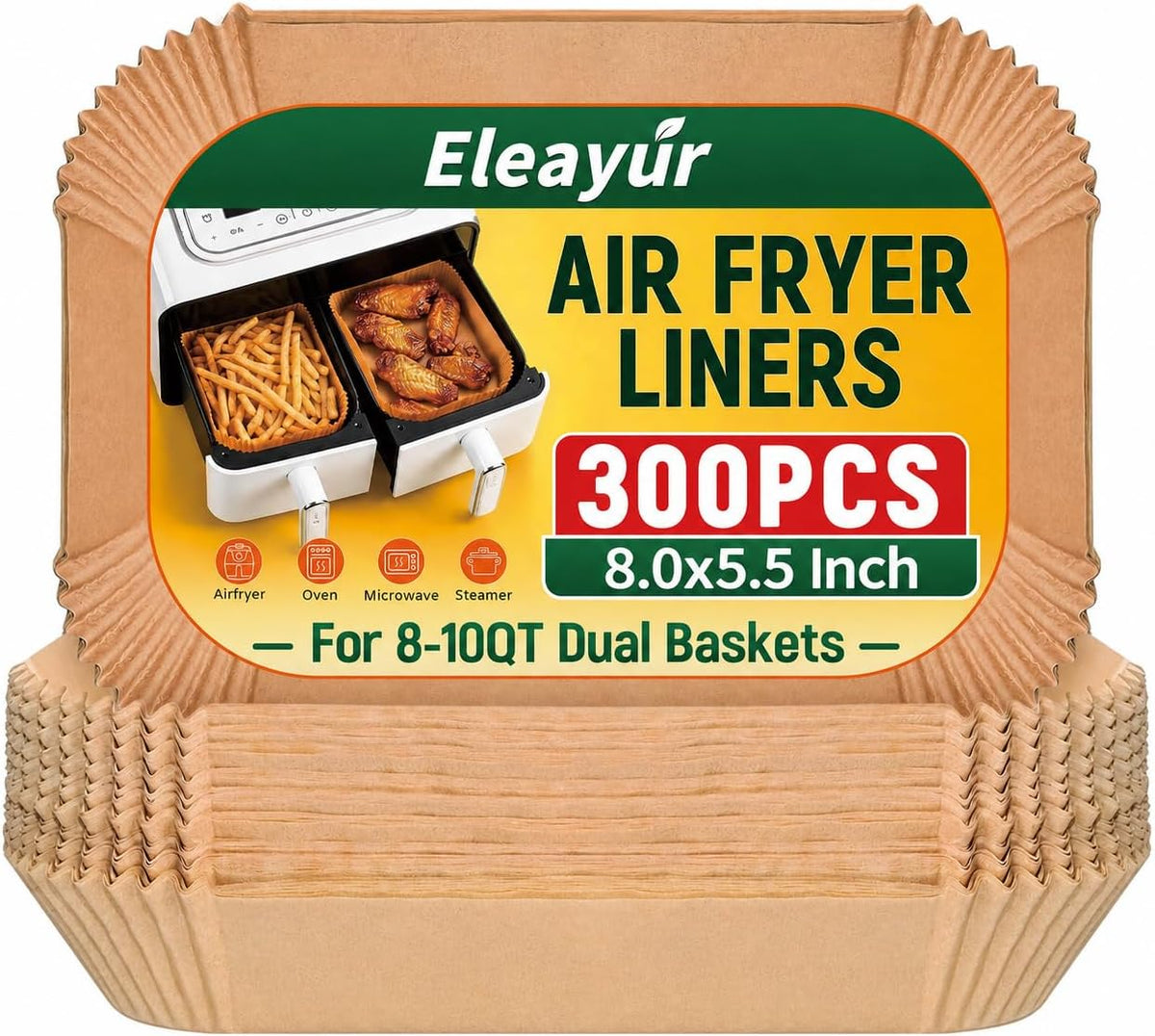 300Pcs Air Fryer Liners for Ninja Dual Airfryer, 8x5.5 Inch Rectangle Disposable Air Fryer Parchment Paper for Ninja DZ201/ DZ401/ DZ550, Bella Slim Airfryer & More, Air Fryer Accessories