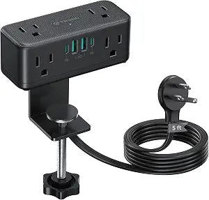 TROND Compact Desk Clamp Power Strip 5 ft, Fit 2.16" Tabletop Edge, Black