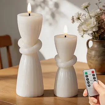 Twisted Flameless Pillar Candles with Remote Timer, White, Set of 2