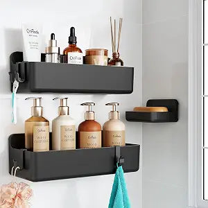 Orimade Shower Caddy 3-Pack, No-Drill Adhesive Shelves with 4 Hooks for Bathroom, Rustproof ABS Plastic Storage Organizer Set, Black