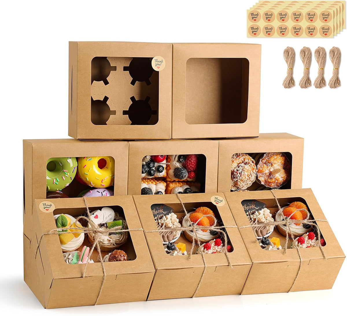 TOMNK 50pcs Cupcake Boxes with Window,6.3x6.3x3 In Brown Muffin Boxes