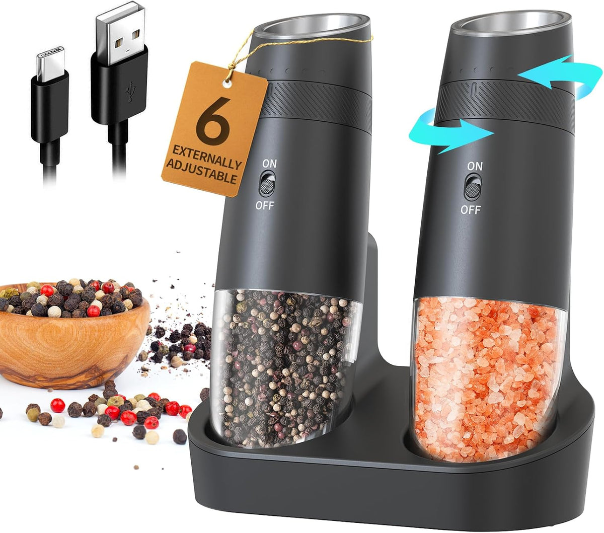 CIRCLE JOY Gravity Electric Salt and Pepper Grinder Set Automatic Shakers Upgraded Pepper Mill with Rechargeable Base, External Adjustable Coarseness, LED Light, Easy Refill for Kitchen & Outdoor