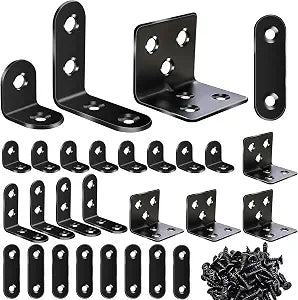 mxuteuk 96PCS L Brackets for Shelves & Flat Plate Straight Bracket,Black Stainless Steel Shelf Brackets,L Shape Heavy Duty Metal Corner Brace for Wood Furniture Cabinet Chair (0.78,1.2,1.57,1.97inch)