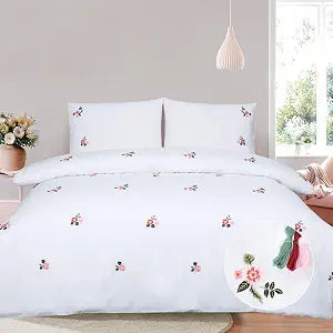 Pink Floral Duvet Cover Set Embroidered White Cotton Queen Bedding Set