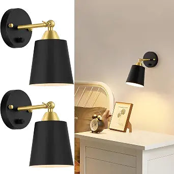 Dimmable Wall Sconces Set of 2, Wall Mounted Bedside Lamps with Rotary Switch, Black & Gold Sconces Wall Lighting, Bathroom Light Fixtures with Metal Shade, Wall Lights for Bedroom Living Room