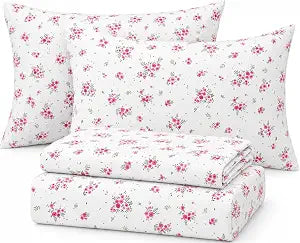 Ivellow Shabby Chic Queen Sheet Set, Pink Disty Floral Vintage Rose Bedding