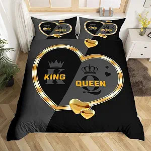 Erosebridal King and Queen Crown Duvet Cover Set Romantic Gold White Loving Heart Full Bedding Set,Couple Lover Gray and Black Comforter Cover,Wedding Bed for Adults Men Women Bedroom Decor